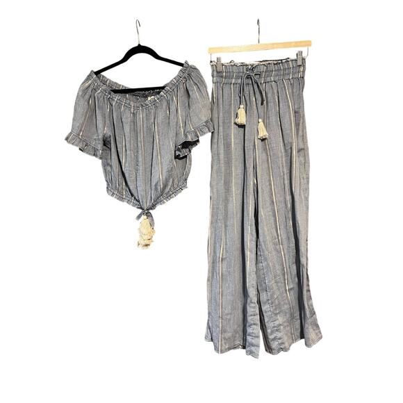SURF GYPSY Women's Off-The-Shoulder Tassel Top Wide Leg Pant Blue Metallic SZ M - Picture 1 of 16